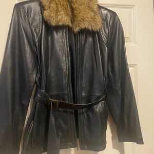 Belted zip leather jacket with faux fur collar